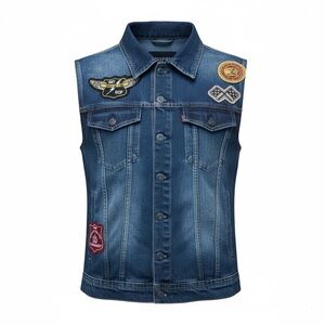 🧥 Ring of Fire Denim Vest | Patchwork | Blue | Men’s‎ Large
